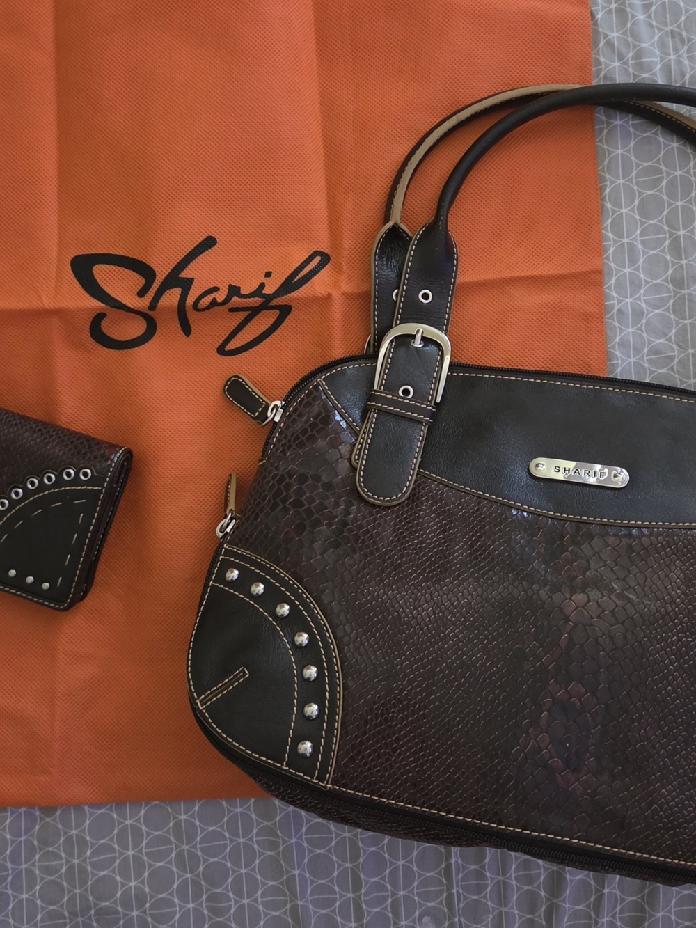 Sharif Brown Textured Shoulder Bag and Wallet 2 piecs - Stud Detail